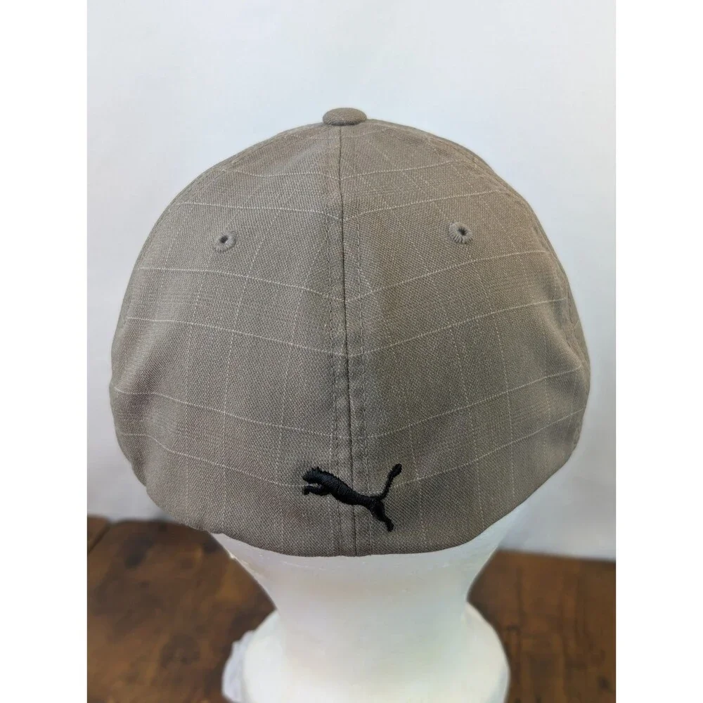 PUMA Grid Pattern Ripstop Baseball Cap Hat L/XL Gray Taupe Retro Patch Stretch
